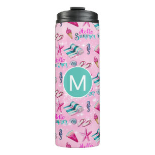Girly Pink Summer Beach Holiday Pattern Monogram Thermal Tumbler