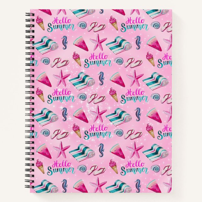 Girly Pink Summer Beach Holiday Pattern Notebook (Front)