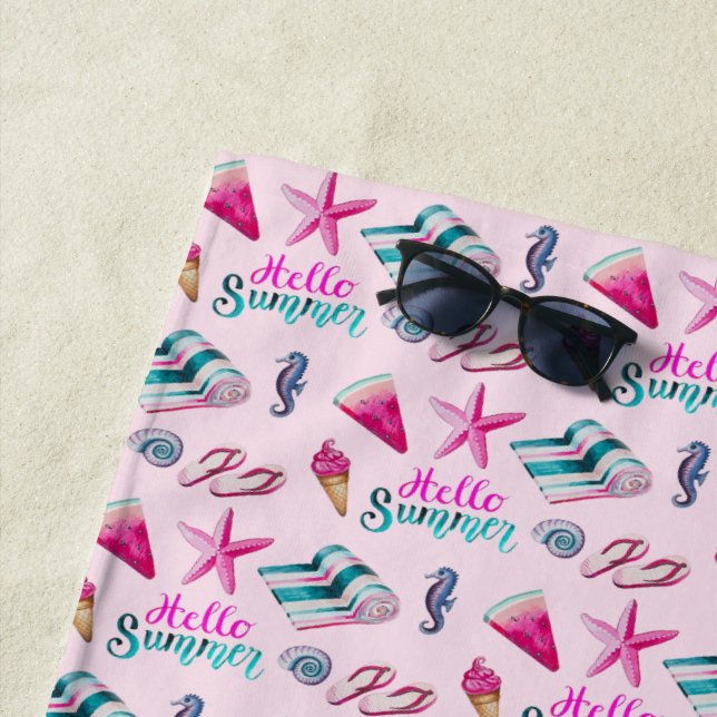 Girly Pink Summer Beach Holiday Pattern Towel (In Situ)