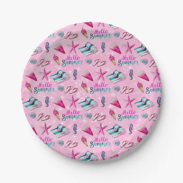 Girly Pink Summer Beach Watercolor Pattern Paper Plate (Front)