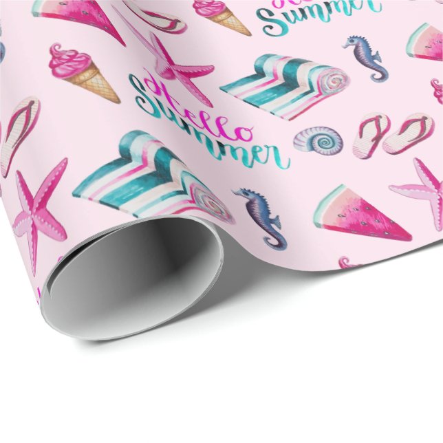 Girly Pink Summer Beach Watercolor Pattern Wrapping Paper (Roll Corner)