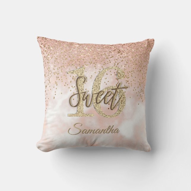 Girly Pink Sweet 16 Birthday Rose Gold Glitter Cushion (Front)