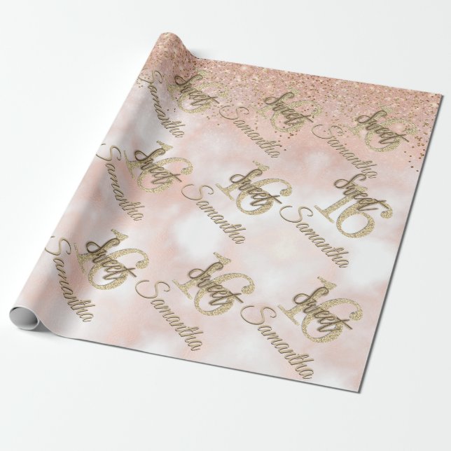 Girly Pink Sweet 16 Birthday Rose Gold Glitter Wrapping Paper (Unrolled)