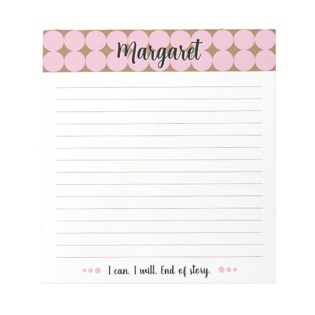 Girly Pink Tan Dots Pattern Script Notepad (Front)