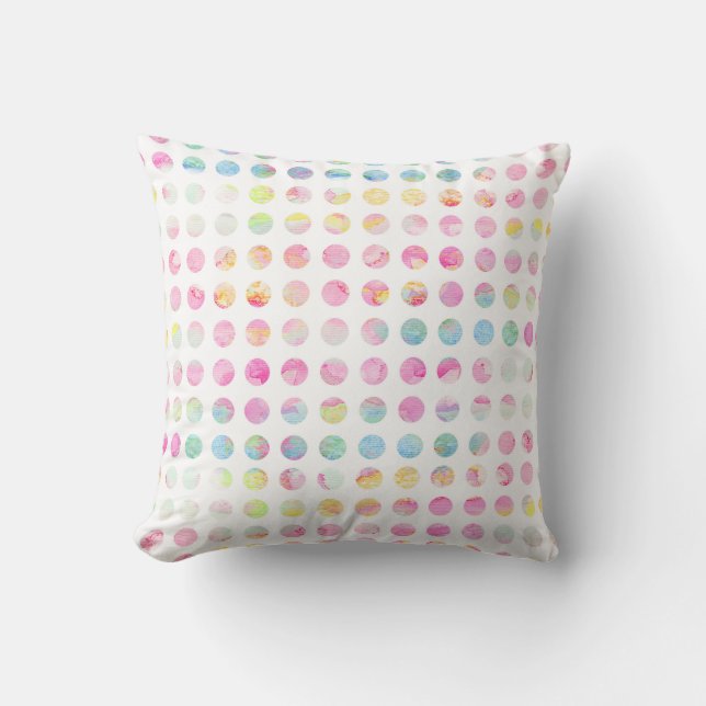 Girly pink teal blue watercolor polka dots pattern cushion (Front)