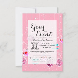 Girly Pink Teal Glam Christmas Ornaments and Snow Invitation