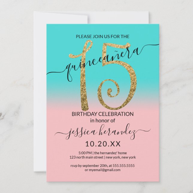 Girly Pink Teal Gold Glitter Ombre Quinceañera Invitation (Front)
