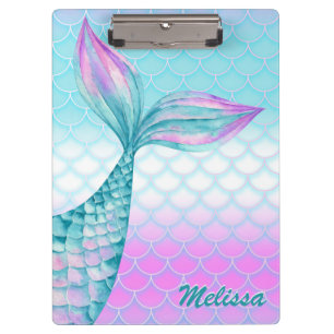 Girly Pink Teal Mermaid Tail Scales Personalised Clipboard