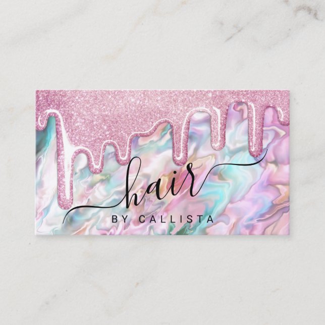 Girly Pink Teal Pearl Opal Glitter Drips Hair Business Card (Front)
