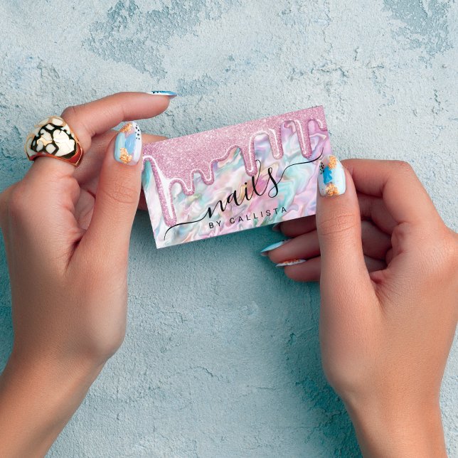 Girly Pink Teal Pearl Opal Glitter Drips Nails Business Card (Creator Uploaded)