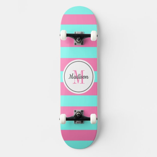 Girly Pink Teal Stripes Monogram Personalised Skateboard (Front)