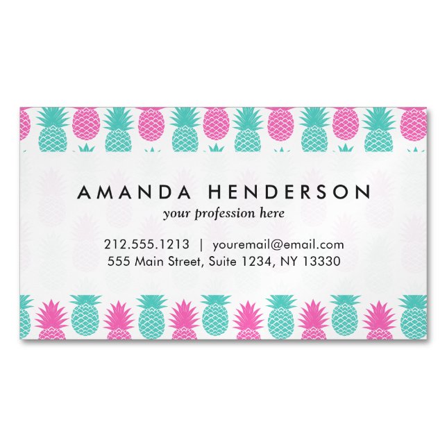 Girly Pink Teal Tropical Pineapple Pattern Magnetic Business Card (Front)