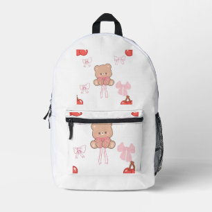Girly Pink Teddy Bear Bow Cherry Pastel Coquette Printed Backpack