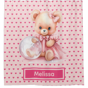 Girly Pink Teddy Bear Monogram Shower Curtains