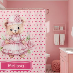 Girly Pink Teddy Bear Monogram Shower Curtains