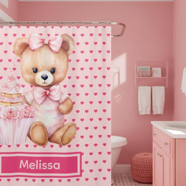 Girly Pink Teddy Bear Monogram Shower Curtains (Creator Uploaded)