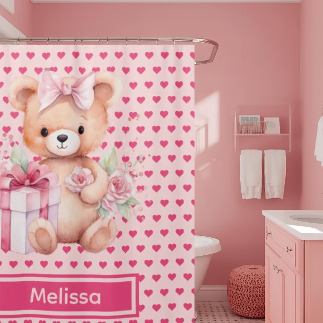 Girly Pink Teddy Bear Monogram Shower Curtains (Creator Uploaded)