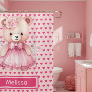 Girly Pink Teddy Bear Monogram Shower Curtains