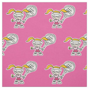 Girly pink tennis player cartoon fabric for girls