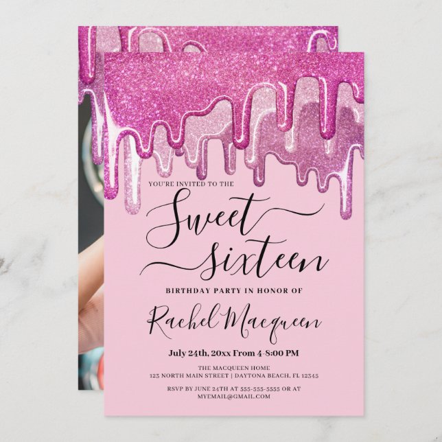 Girly Pink Thick Glitter Drips Photo Sweet 16 Invitation (Front/Back)
