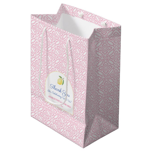 Girly Pink Tiles Italian Lemons Wedding Welcome Medium Gift Bag (Front Angled)