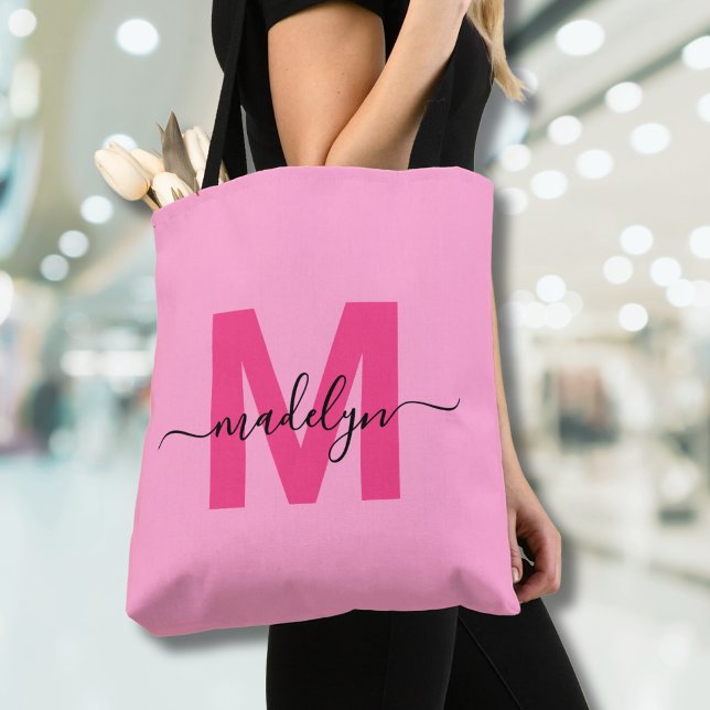 Girly Pink Trendy Modern Script Name Monogram Tote Bag (Girly Pink Trendy Modern Script Name Monogram Tote Bag)