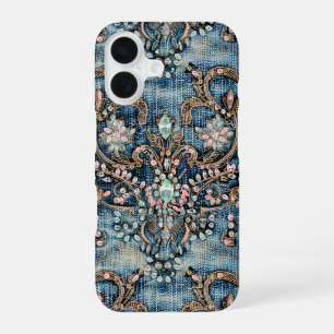 Girly Pink Turquoise Stone Blue Denim iPhone 16 Case