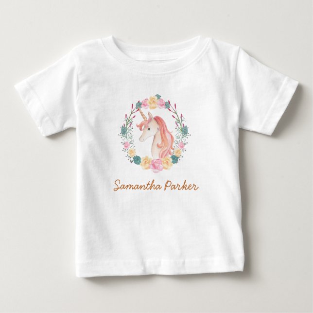 Girly Pink Unicorn Floral Greenery  Baby T-Shirt (Front)
