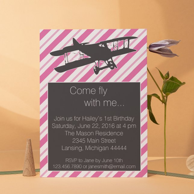 Girly Pink Vintage Aeroplane Birthday Invite (Creator Uploaded)