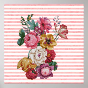 Girly Pink Vintage Stripes Colourful Roses Poster