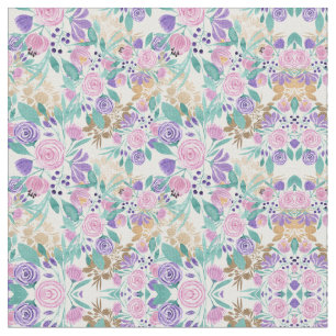 Girly Pink Violet Purple Gold Watercolor Flowers Fabric