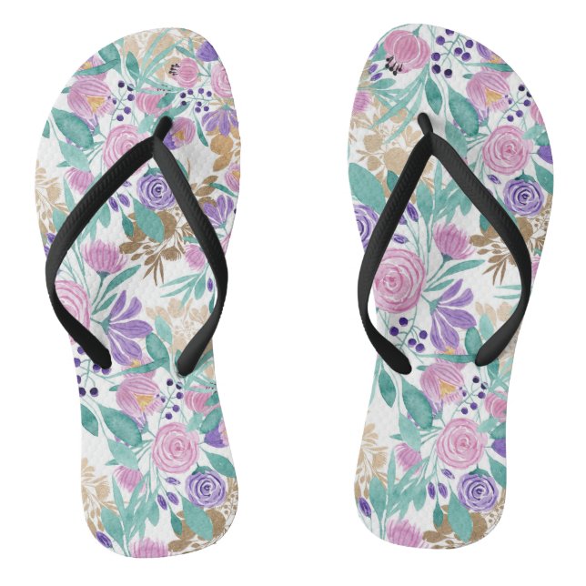 Girly Pink Violet Purple Gold Watercolor Flowers Jandals (Footbed)