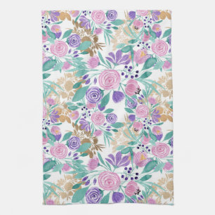 Girly Pink Violet Purple Gold Watercolor Flowers Tea Towel