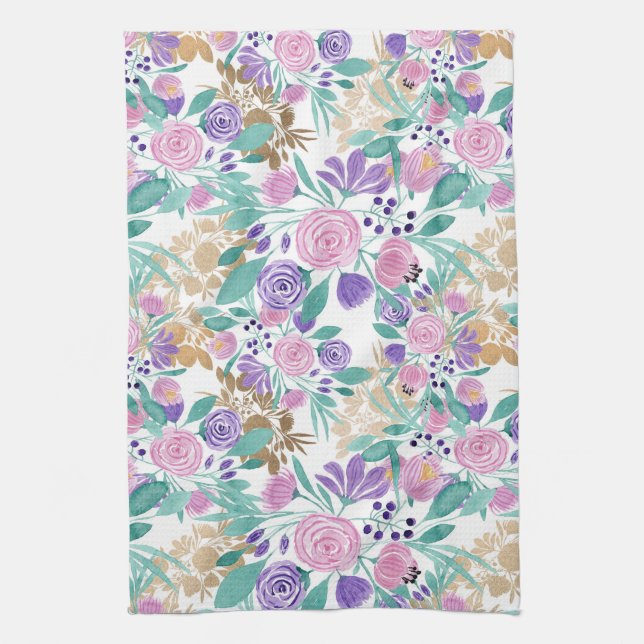 Girly Pink Violet Purple Gold Watercolor Flowers Tea Towel (Vertical)