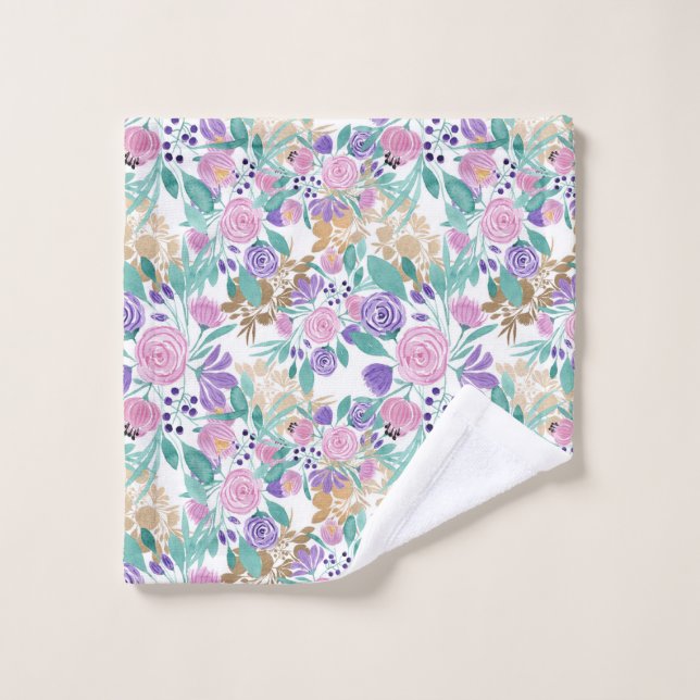 Girly Pink Violet Purple Gold Watercolor Flowers Wash Cloth (Wash Cloth)