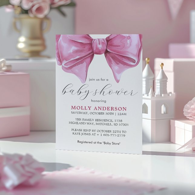 Girly Pink Watercolor Bow Baby Shower Invitation (Girly Pink Watercolor Bow Baby Shower Invitation)