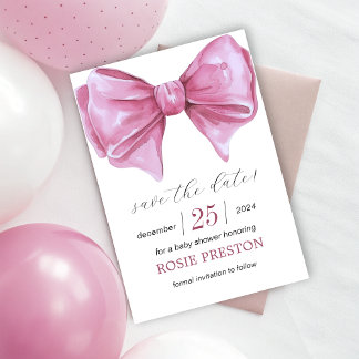 Girly Pink Watercolor Bow Baby Shower Save The Date
