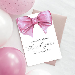 Girly Pink Watercolor Bow Baby Shower Thank You Card