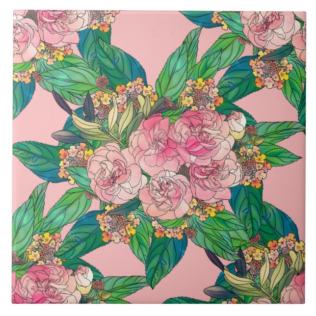 Girly Pink Watercolor Floral Hand Paint Tile (Front)