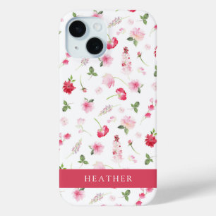 Girly Pink Watercolor Floral Name Case-Mate iPhone 15 Case