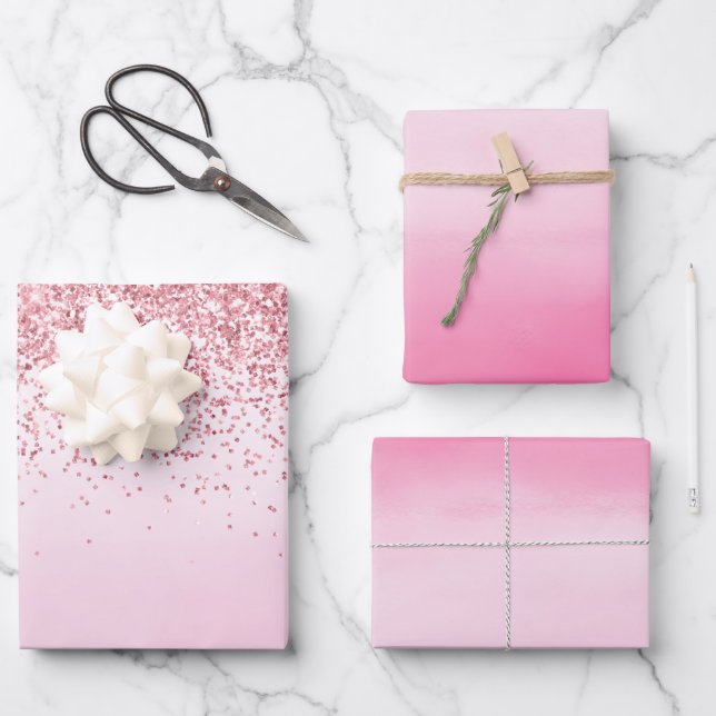 Girly Pink Watercolor Glitzy Sparkle Glitter Wrapping Paper Sheet (Front)