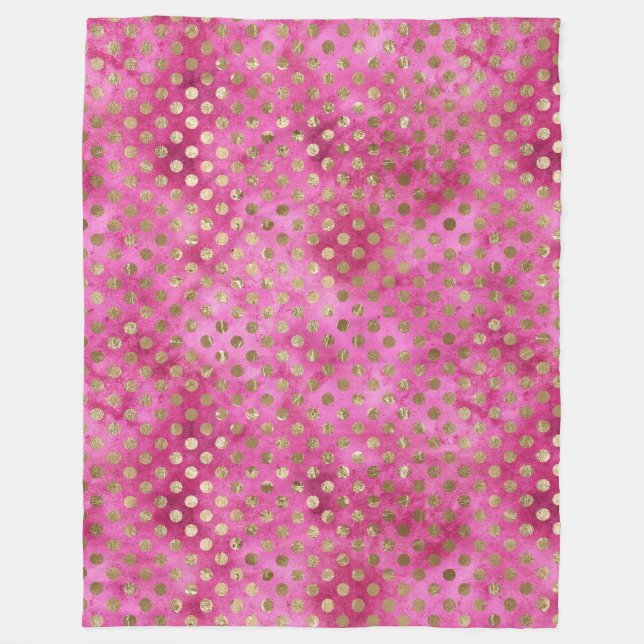 Girly Pink Watercolor Gold Dots Fleece Blanket (Front)