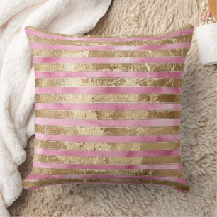 Girly Pink Watercolor Gold Glam Stripes Cushion