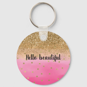 Girly Pink Watercolor Gold Glitter Glitz Confetti Key Ring