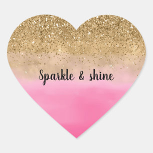 Girly Pink Watercolor Gold Glitter Heart Sticker