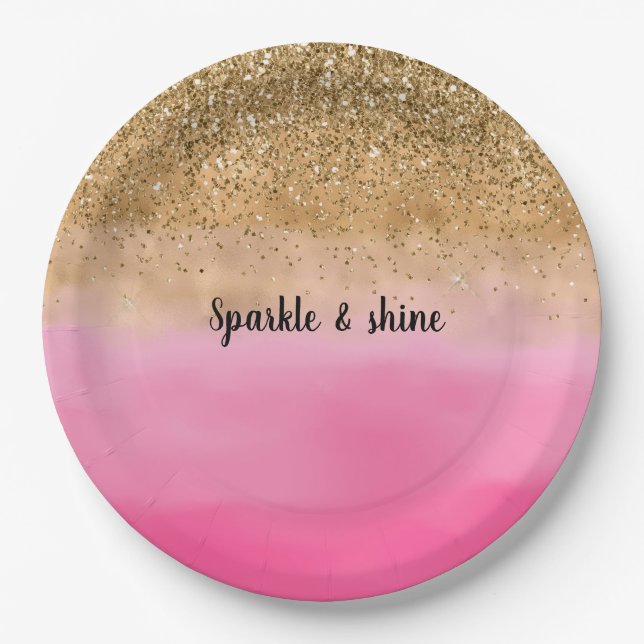 Girly Pink Watercolor Gold Glitter Paper Plate (Front)