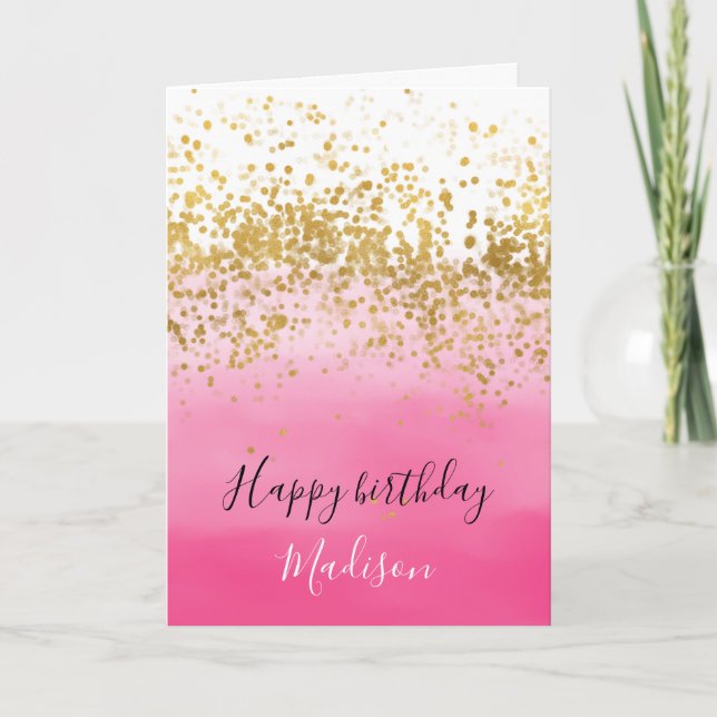Girly Pink Watercolor Ombre Gold Confetti Card (Front)