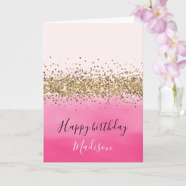 Girly Pink Watercolor Ombre Gold Glitter Glitz Card (Orchid)