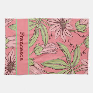 Girly Pink Watercolor Pressed Flowers Pattern Name Tea Towel