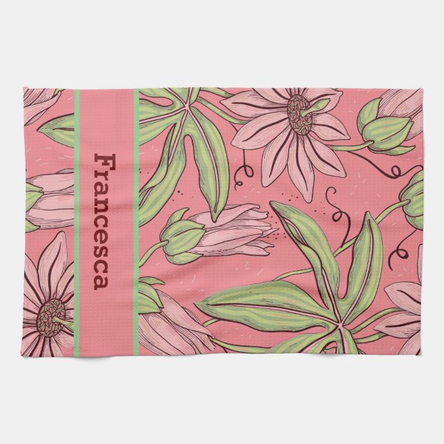 Girly Pink Watercolor Pressed Flowers Pattern Name Tea Towel (Horizontal)